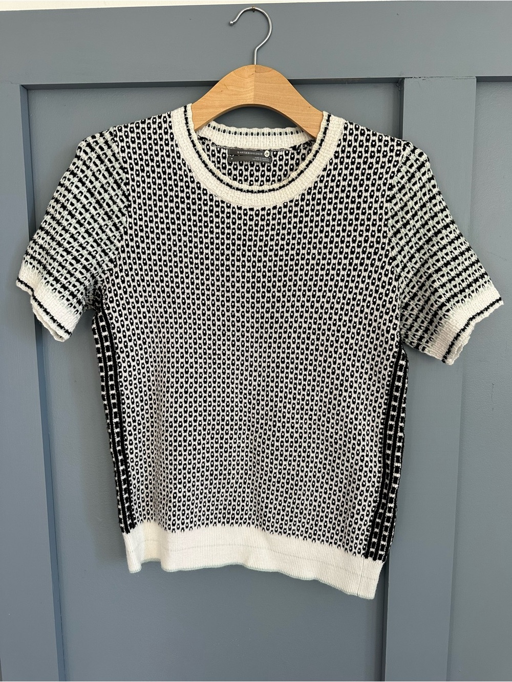 Anthropologie Black and White Textured Knit Short-Sleeve Sweater